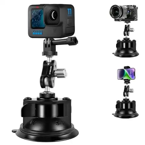 Aluminum Alloy Suction Cup Car Mount with Phone Holder with 1/4 Thread, 360° Rotation Windshield Dashboard Car Mount for GoPro Hero 11 10 9 8 7 6 5 Insta360 DJI Action Accessories