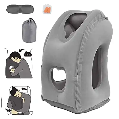 Inflatable Travel Pillow, Airplane Pillow Comfortably Supports Head, Neck and Chin with Free Eye Mask/Earplugs (Grey)